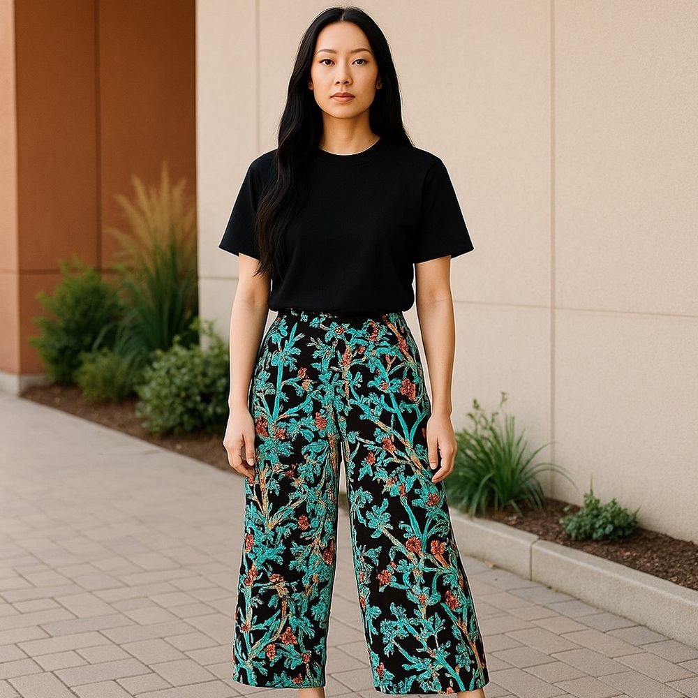 Club Monaco High Waisted Bird/Floral Print Wide Silk Pants Womens Size 6